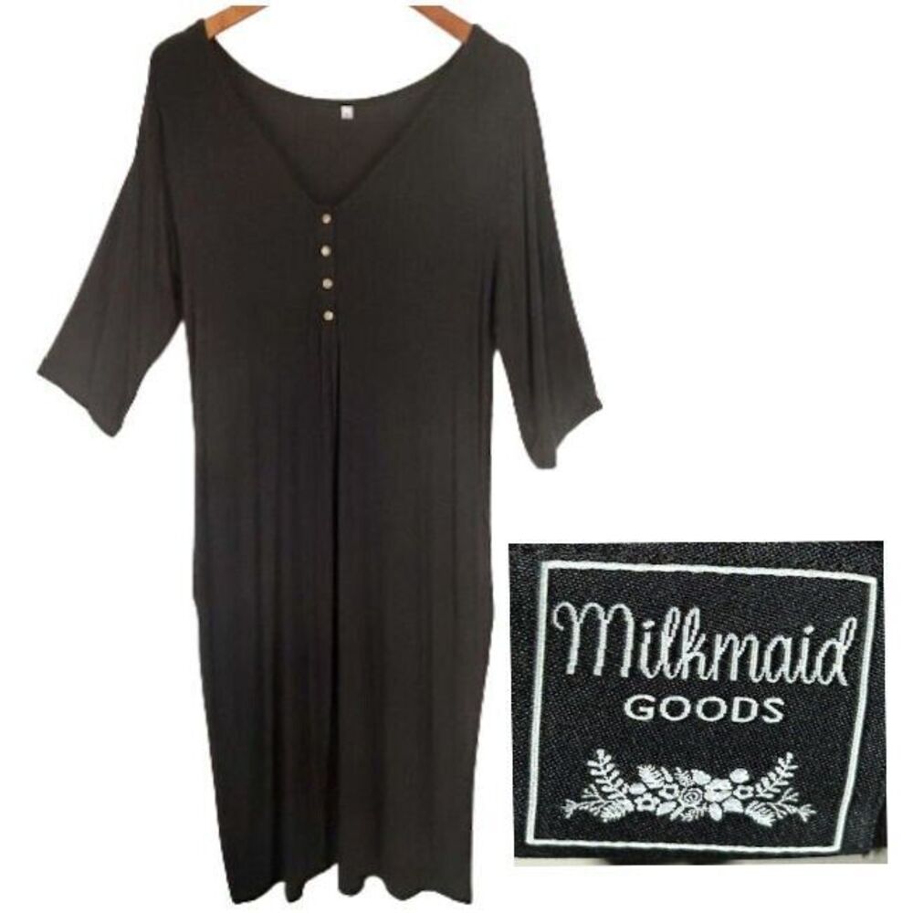 Milkmaid Goods Dress XL Solid Black Stretchy Comfy Mid Calf 3/4 Sleeves POCKETS